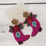 Viola Seed Beads Pink Boots Holiday Earrings Handcrafted Bling Boho Dangle Xmas