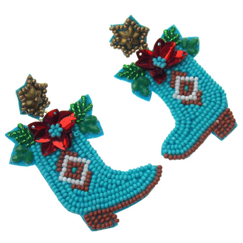 Viola Seed Beads Blue Boots Holiday Earrings Handcrafted Bling Boho Dangle Xmas