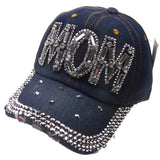 Silver Mom Cap Bling Bedazzled Blue Denim Gem Distressed Baseball Hat Adjustable