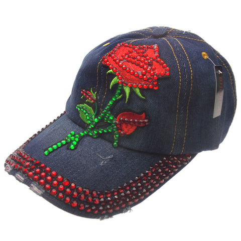 Hat Red Rose Bling Bedazzled Blue Denim Distressed Baseball Adjustable Embroider