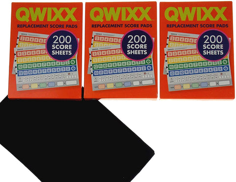 QWIXX 3 Replacement Score Pad Boxes Bundle - 600 Score Sheets (Score Cards) - Bonus Hickoryville Velour Storage Bag