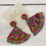Viola Seed Beads Fan Shaped Earrings Handcrafted Bling Boho Dangle Tassels Gems