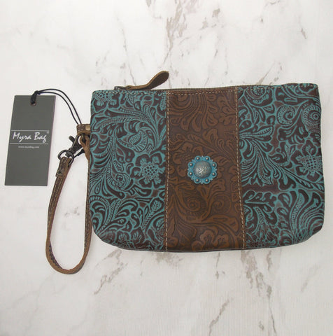 Myra Bag Aqua Wristlet Leather Handbag Turquoise Brown Eco Friendly Up Cycled
