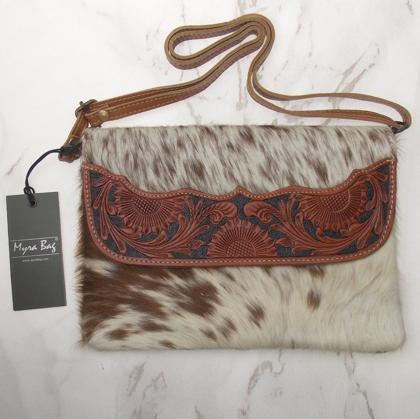 Myra Bag Brown Shells Hand Tooled Leather Hairon Handbag Eco Friendly Up Cycled