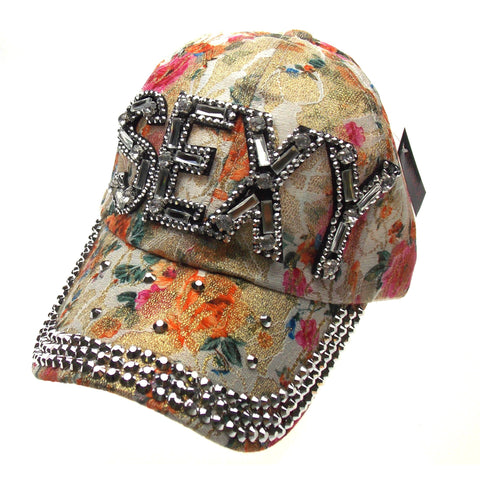 Hat Silver Sexy Bling Bedazzled Orange Flowers Fashion Baseball Cap Adjustable
