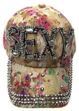 Silver Sexy Fashion Hat Bling Bedazzled Purple Flowers Baseball Cap Adjustable