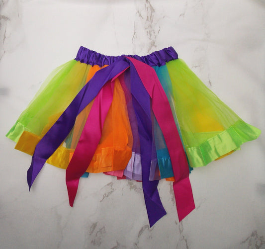 Rainbow Tutu Skirt Ribbon Girls Medium Tulle Mesh Ballet Dance Halloween Costume