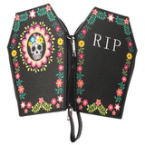 Sugar Skull RIP Coffin Wallet Black Zip Up Wristlet Day of Dead RIP Xmas Gift