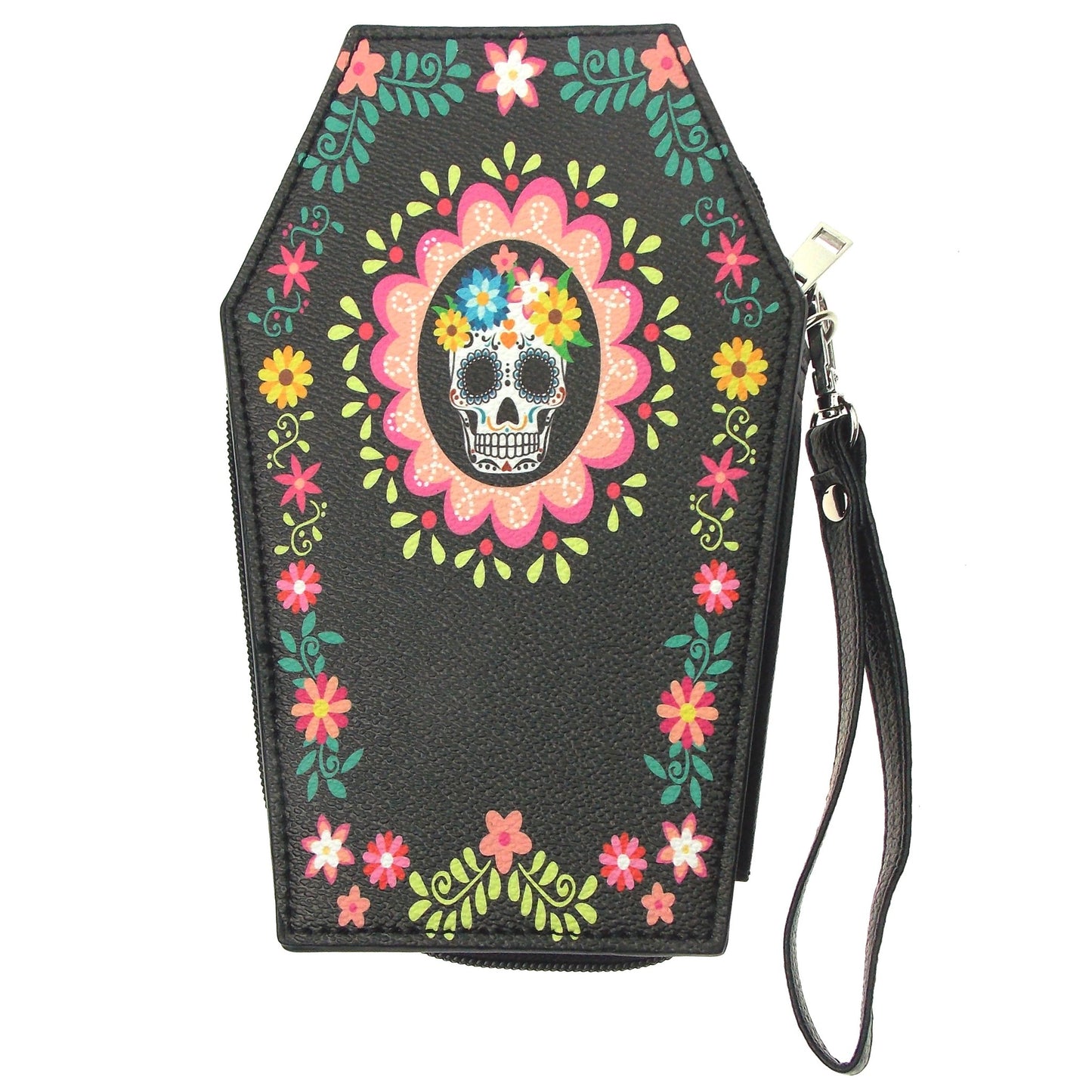 Sugar Skull RIP Coffin Wallet Black Zip Up Wristlet Day of Dead RIP Xmas Gift